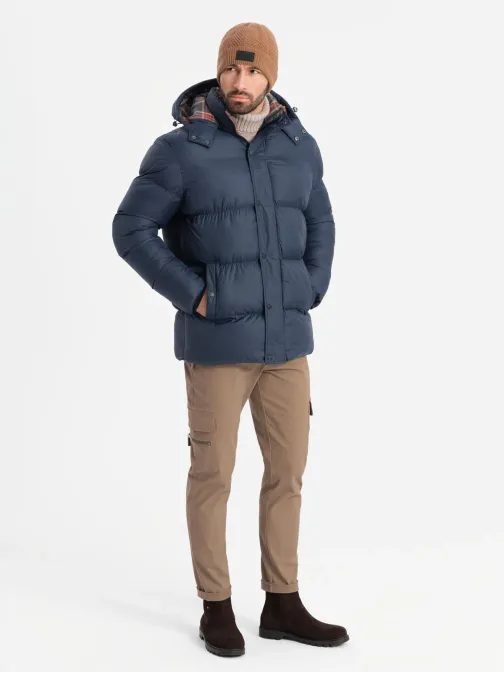 Zimná tmavomodrá bunda s károvanou podšívkou V1 JAHP-0205