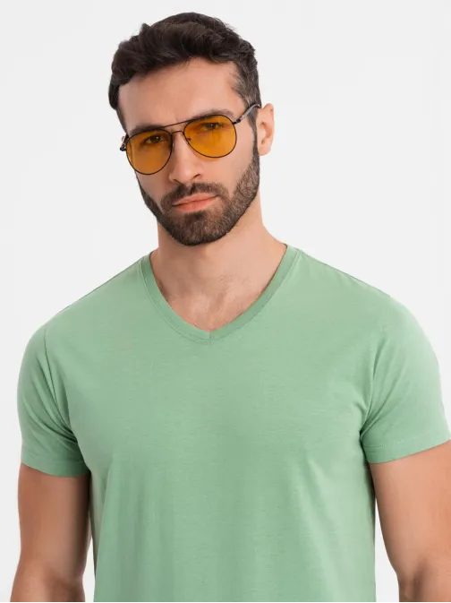 Basic bavlnené zelené tričko s V-výstrihom V11 TSBS-0237