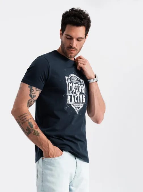 Tmavo modré tričko s moto potlačou V4 TSPT-0125