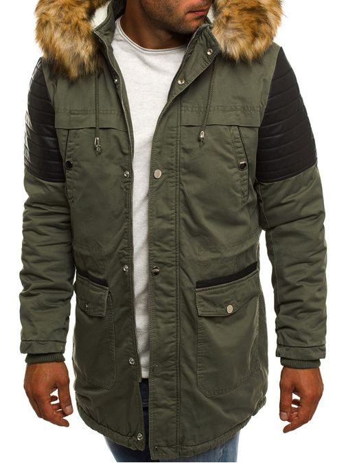 Khaki zimná parka s koženkovými detailmi X-FEEL 88625