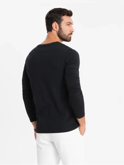 Trendy čierne tričko s dlhým rukávom s V-výstrihom, s logom V1 LSBC-0123