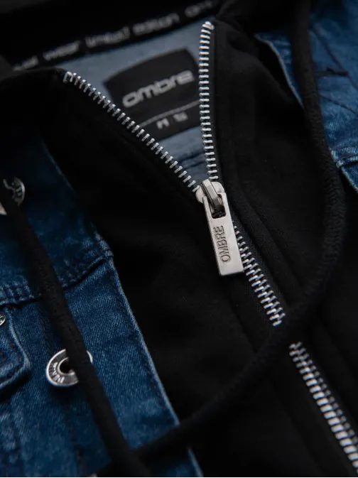 Modrá rifľová bunda s čiernymi pletenými rukávmi V2 JADJ-0220