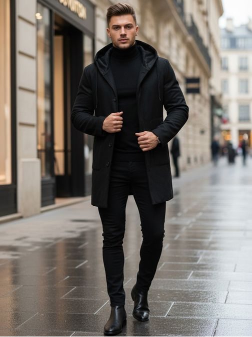 Módny čierny pánsky kabát s kapucňou