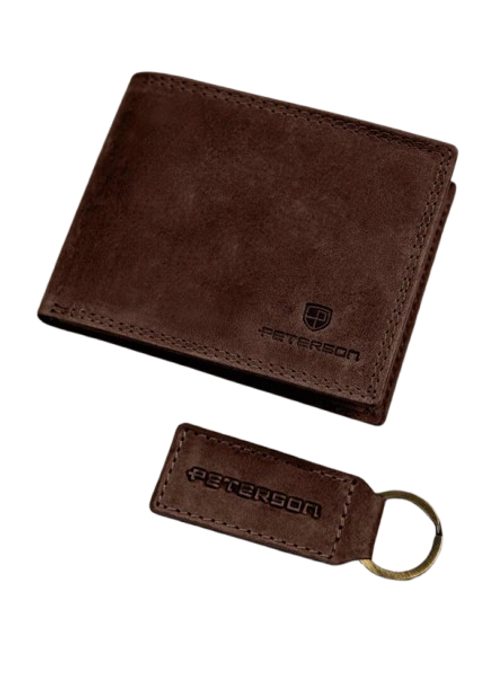 Hnedý kožený set Peterson - peňaženka a kľúčenka