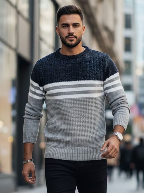 Sveter s ozdobnými pásikmi sivý