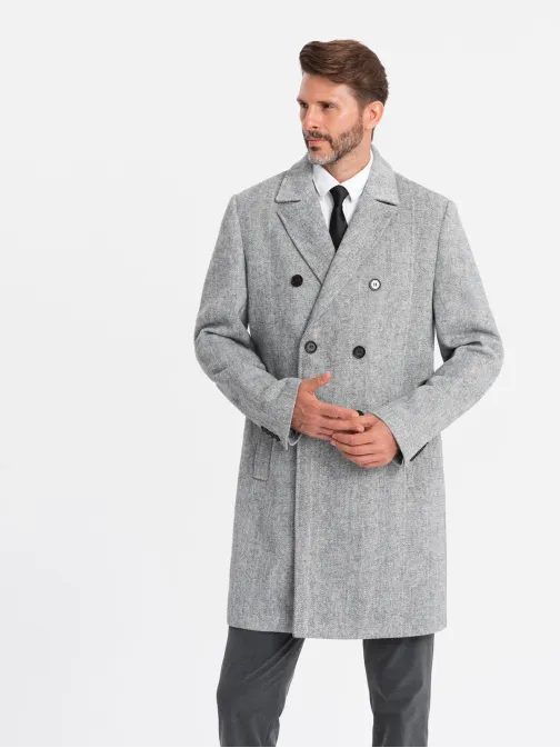 Elegantný pánsky šedý dvojradový kabát V1 COWC-0118