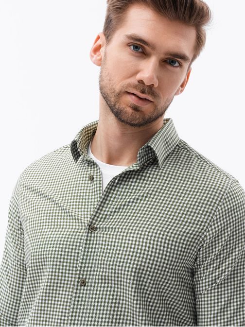 Kockovaná khaki košeľa s dlhým rukávom K622