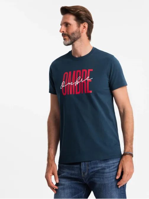 Tmavomodré bavlnené tričko s nápisom OMBRE V3 S2041