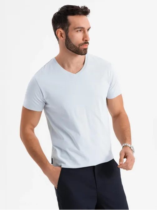 Basic bavlnené šedé tričko s V-výstrihom V23 TSBS-0237