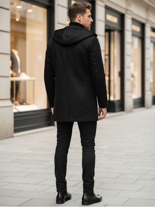 Módny čierny pánsky kabát s kapucňou