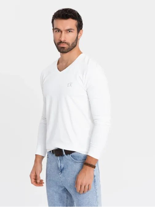 Trendy biele tričko s dlhým rukávom s V-výstrihom, s logom V2 LSBC-0123