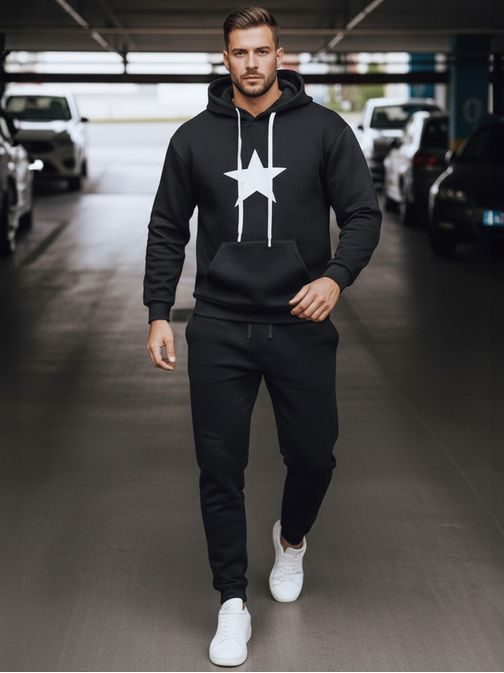 Čierna pánska mikina s potlačou a s kapucňou