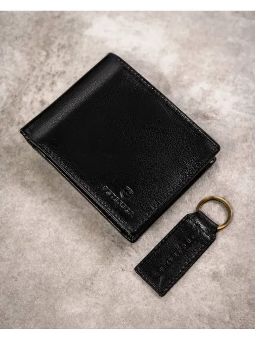 Elegantný čierny kožený set Peterson - peňaženka a kľúčenka
