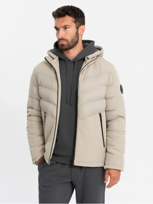 Nadčasová prešívaná béžová pánska bunda V4 JALP-0172