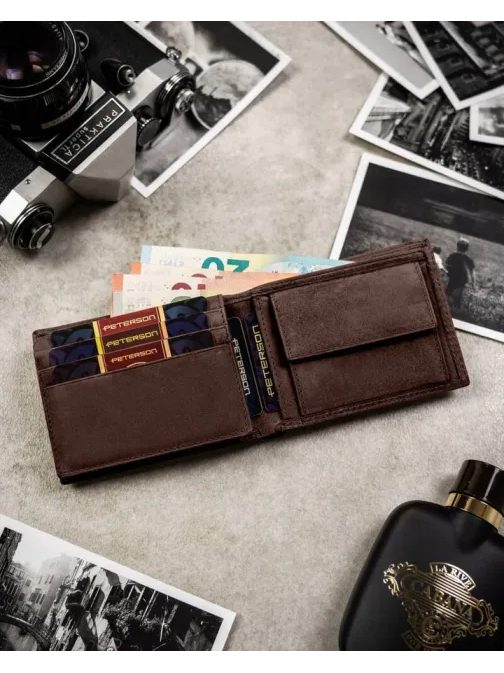 Hnedý kožený set Peterson - peňaženka a kľúčenka