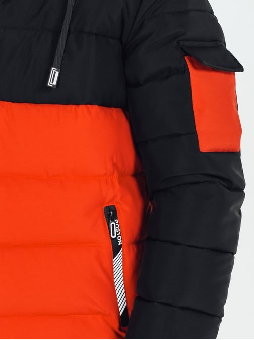 Pánska zimná bunda s kapucňou v čierno-oranžovom prevedení