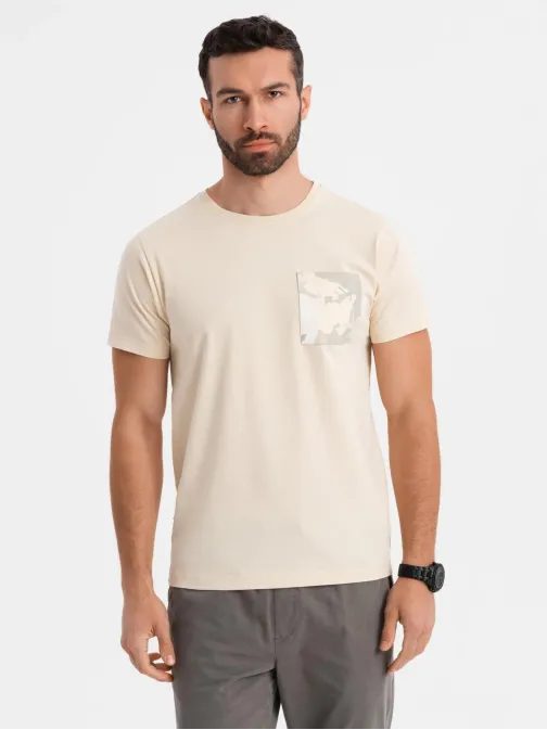 Originálne krémové tričko s ozdobným vreckom TSPT-0228
