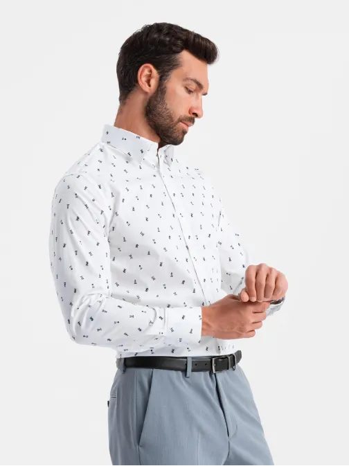 Zaujímavá biela košeľa s trendy vzorom V2 SHCS-0151