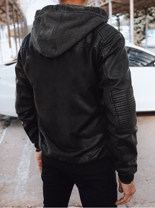 Nadčasová čierna koženková bunda s kapucňou