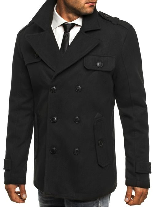 Pánsky čierny kabát s dvojradovým zapínaním J.STYLE 3123