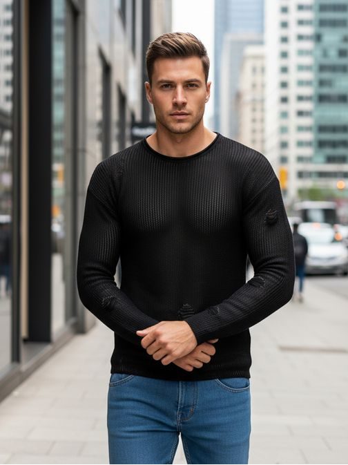 Čierny pletený sveter s módnymi dierami