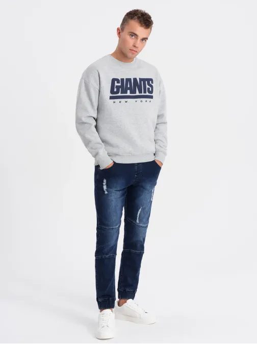 Trendy tmavomodré rifľové joggery s ozdobnými odreninami V1 PADJ-0153