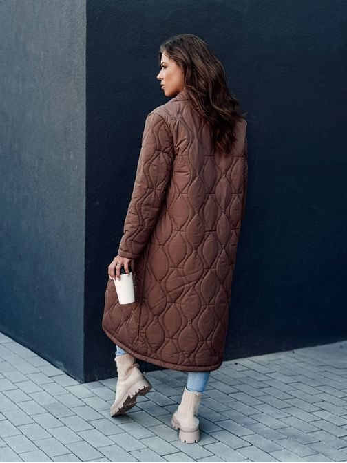 Dámsky dlhý prešívaný hnedý kabát Trendify