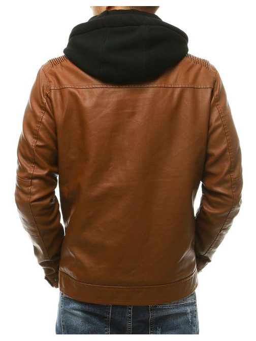 Trendová koženková bunda s kapucňou v kamelovej farbe