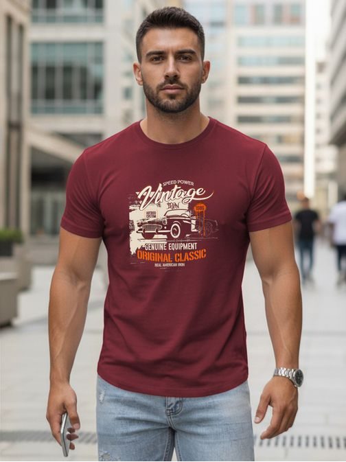 Bordové pánske tričko s potlačou VINTAGE CAR