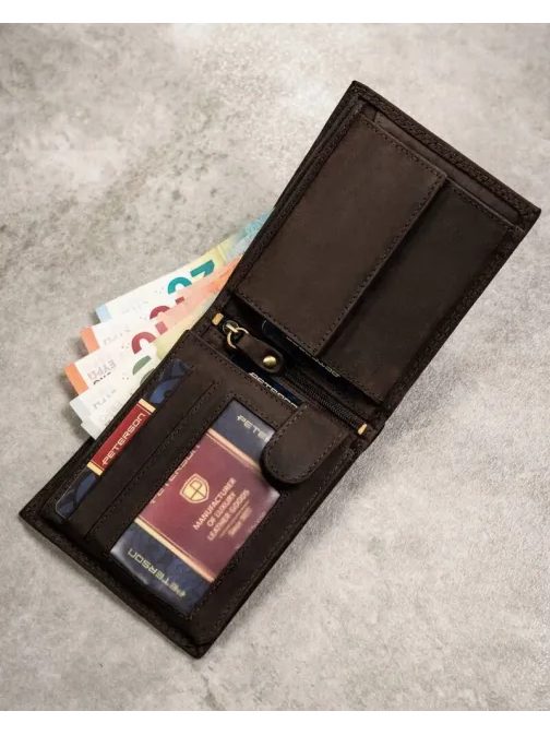 Módny tmavohnedý kožený set - peňaženka a kľúčenka