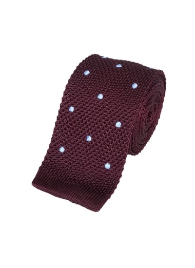 Vínová pletená kravata s modrými puntíky