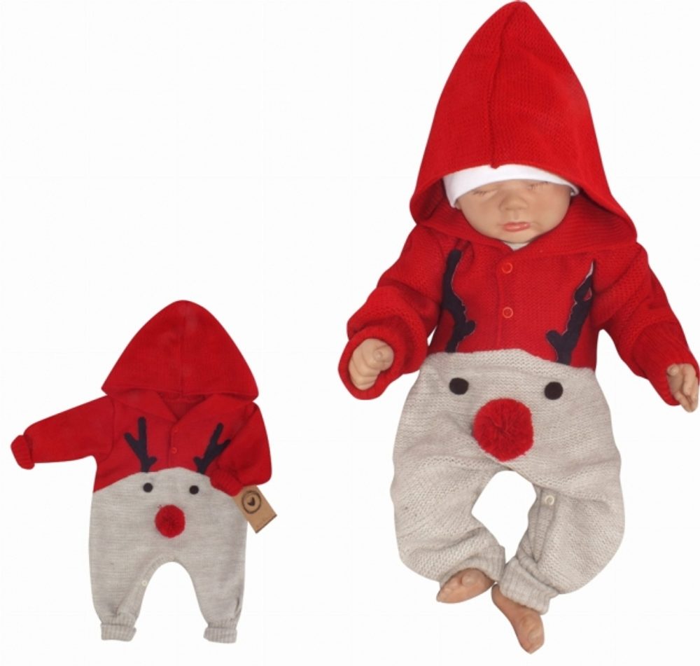 Z&Z Z&amp;Z Dětský pletený Vánoční overálek s kapucí a knoflíčky Baby Sob, červený - 62 (2-3m)
