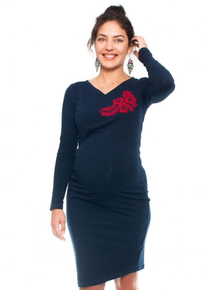 Be MaaMaa Bavlněné těhotenské a kojící šaty s potiskem květin - granát, vel. M - M (38)