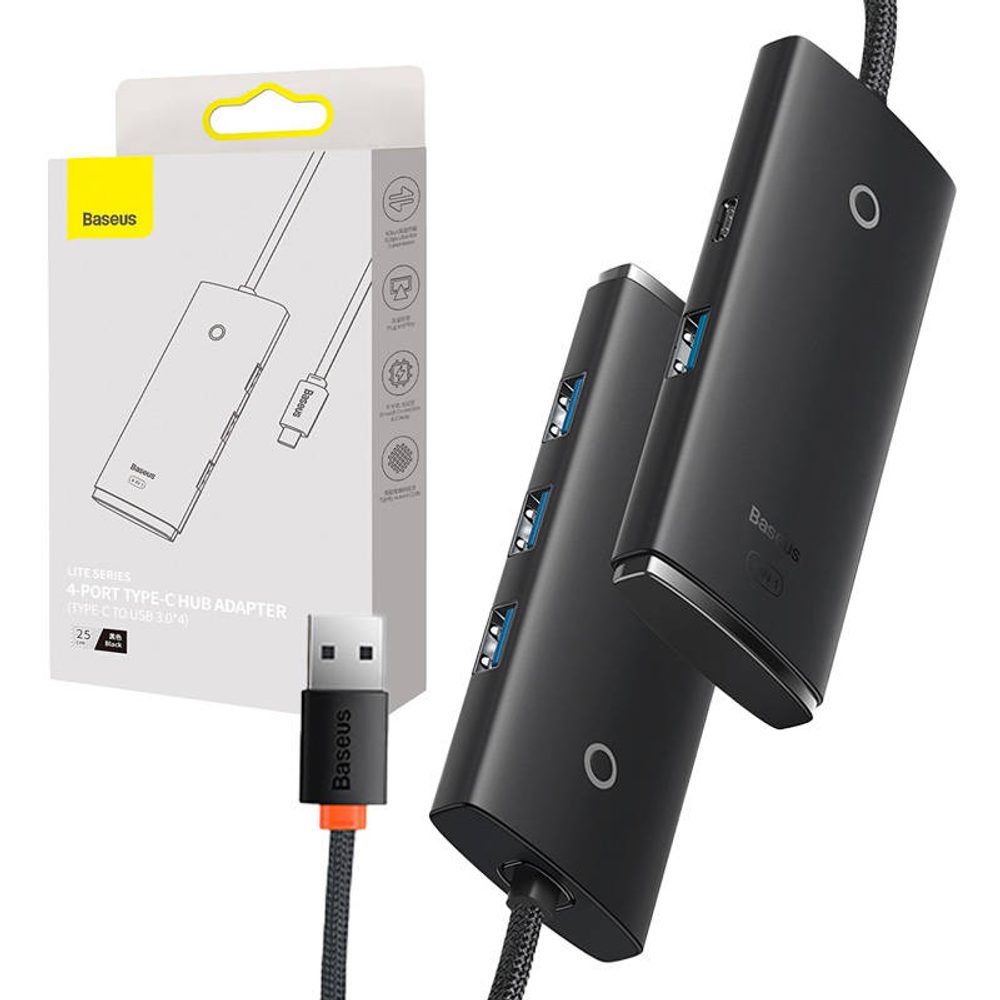Levně Baseus HUB adaptér 4portový USB-C Baseus OS-Lite 25cm (černý)