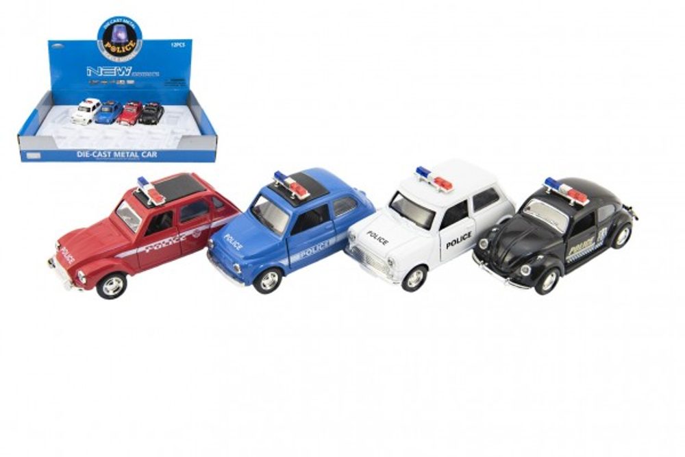 Teddies Auto policie retro 11cm kov/plast na zpětné natažení na baterie se světlem 4 druhy 12ks v boxu