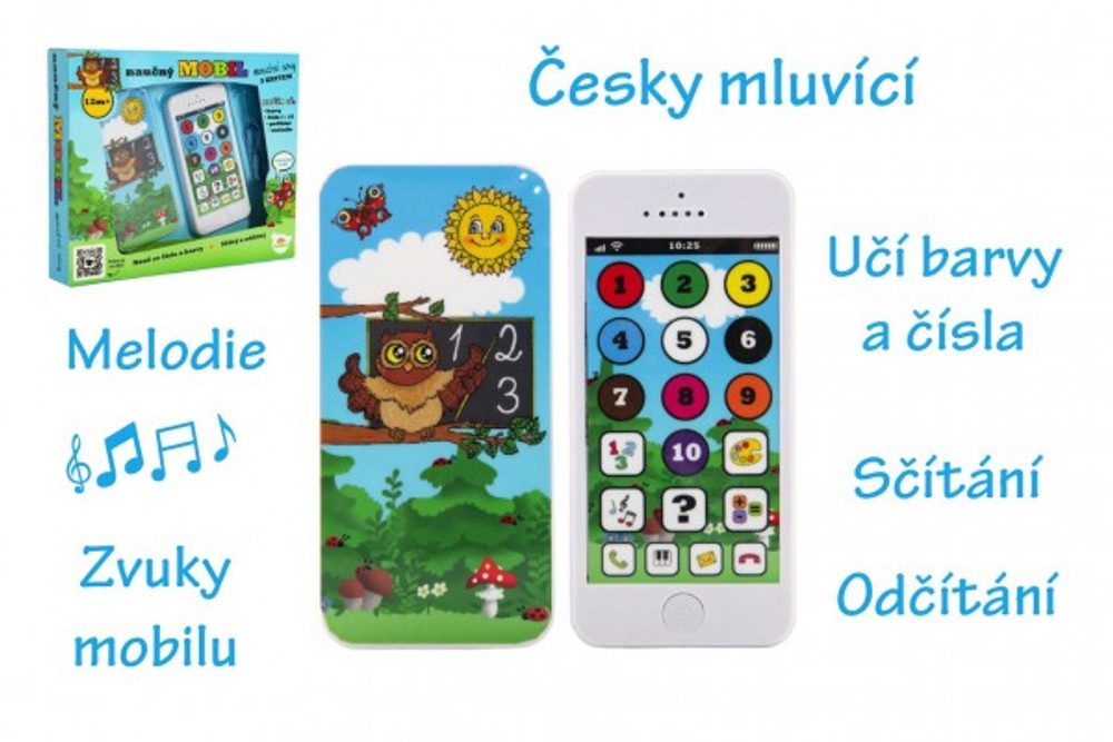 Teddies Naučný mobilní telefon s krytem Moudrá sova plast na baterie se zvukem v krabici 22x18x3,5cm 12m+