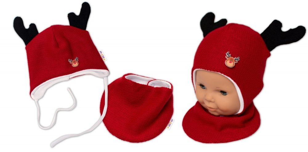 Baby Nellys Pletená dvouvrstvá čepice s šátkem Sobík, červená/bílá - 56-62 (0-3m)