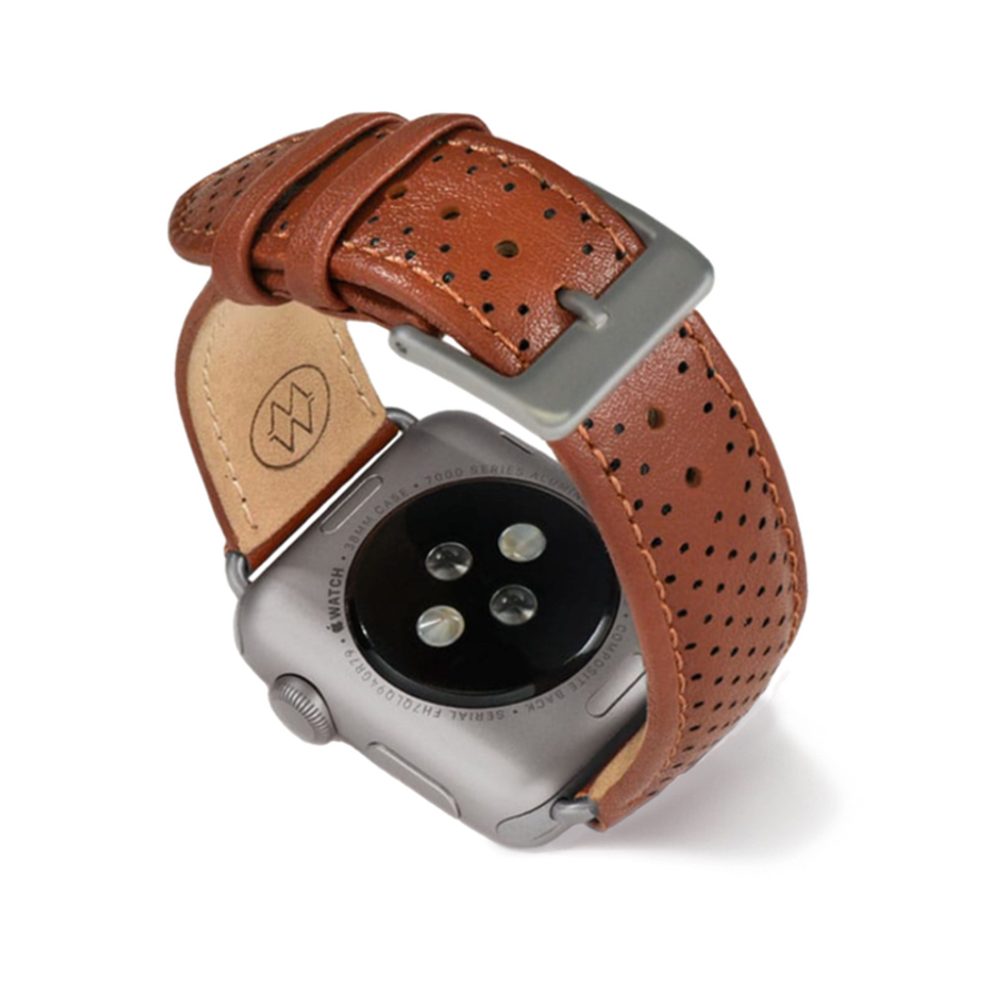 Monowear Perforated Leather Band pro Apple Watch – hnědá, Silver, 42 – 44 mm