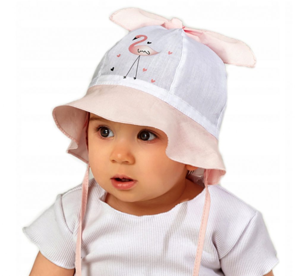 Baby Nellys Letní klobouček na zavazování Baby Nellys Plameňák, růžový/bílý