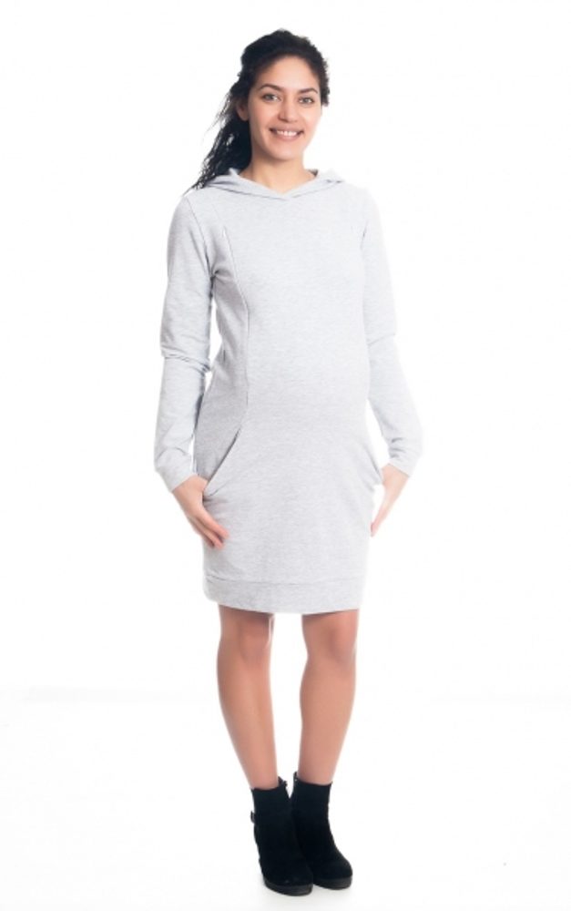 Be MaaMaa Těhotenské/kojící šaty Anais s kapucí, dlouhý rukáv - sv. šedé, vel. XL - XL (42)