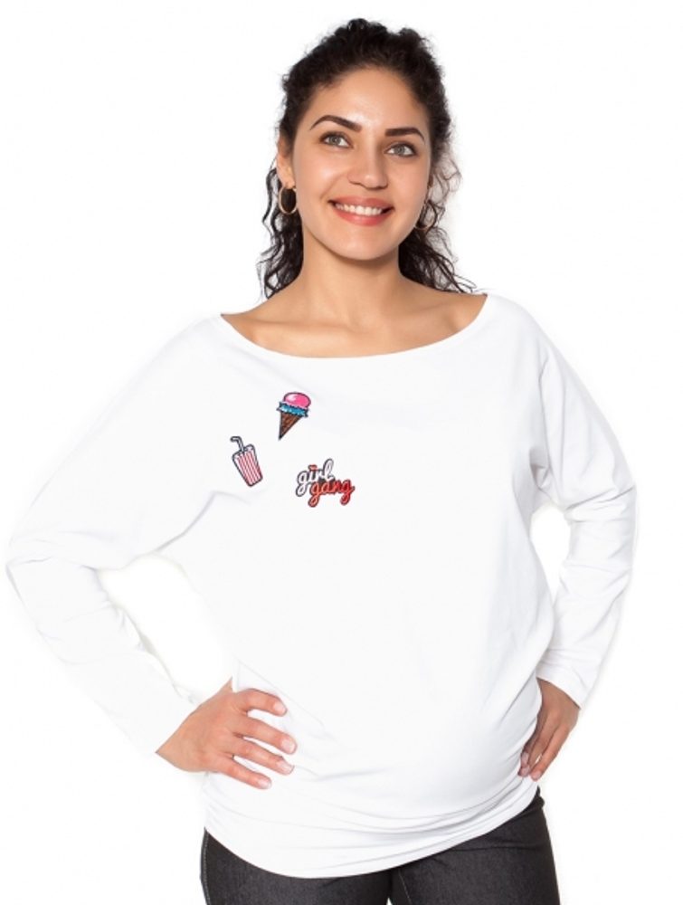 Be MaaMaa Těhotenská mikina, triko s nášivkami - bílé - M - M (38)