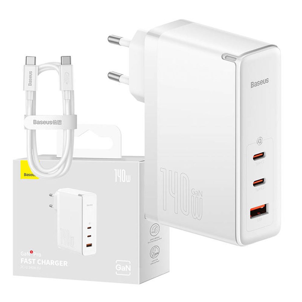 Baseus Nástěnná nabíječka Baseus GaN5 Pro 2xUSB-C + USB, 140 W (bílá)