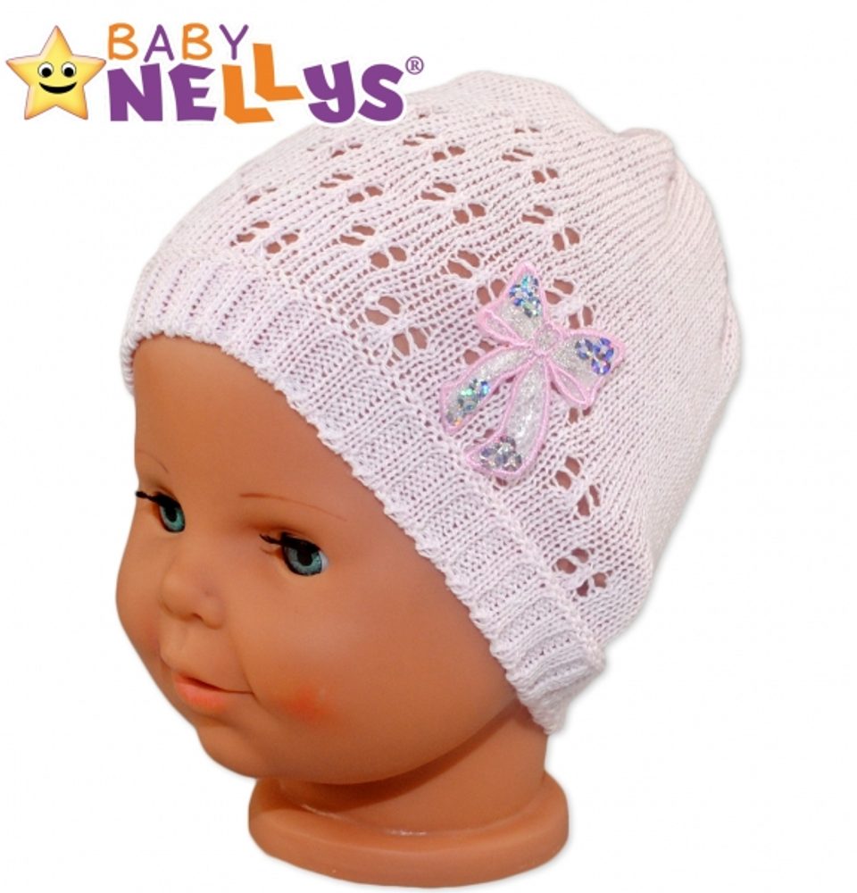 Baby Nellys Háčkovaná čepička Mašle Baby Nellys ® - s flitry - sv. růžová