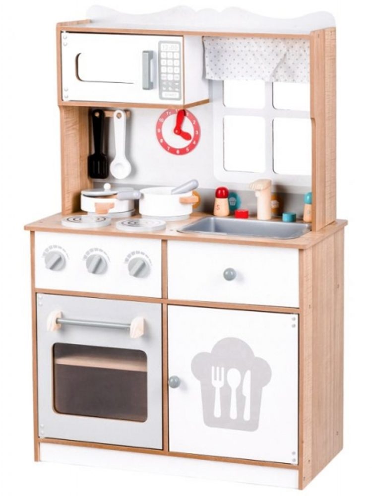 ECO TOYS Velká dřevěná kuchyňka s příslušenstvím, Eco Toys 60 x 92 cm x 30 cm - bílá/přírodní