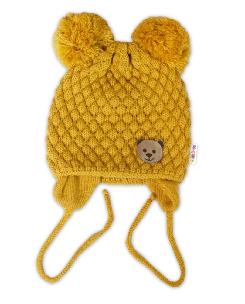 Baby Nellys Zimní pletená čepice Teddy Bear na zavazování, hořčicová, Baby Nellys - 56-68 (0-6 m)