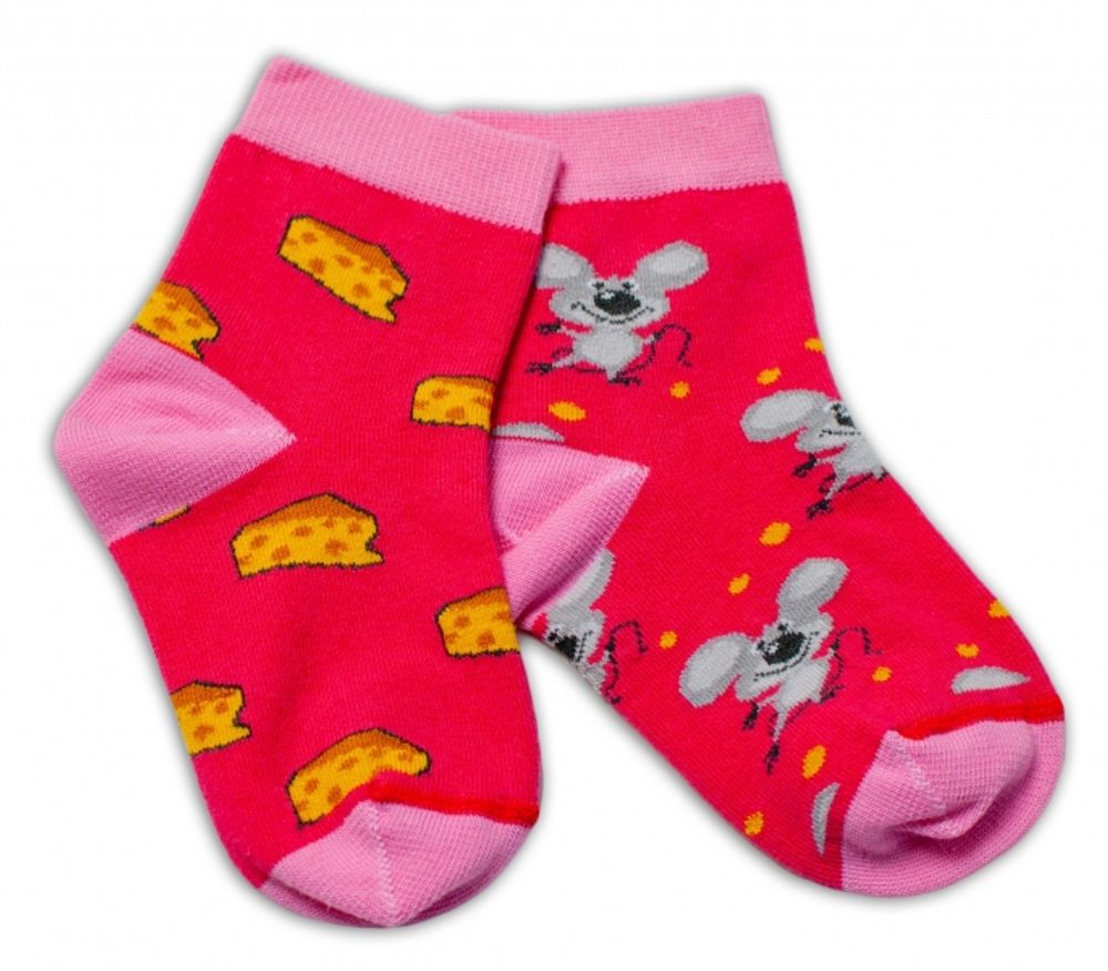 Baby Nellys Bavlněné veselé ponožky Myška a sýr - tmavě růžová - 92-98 (18-36m)