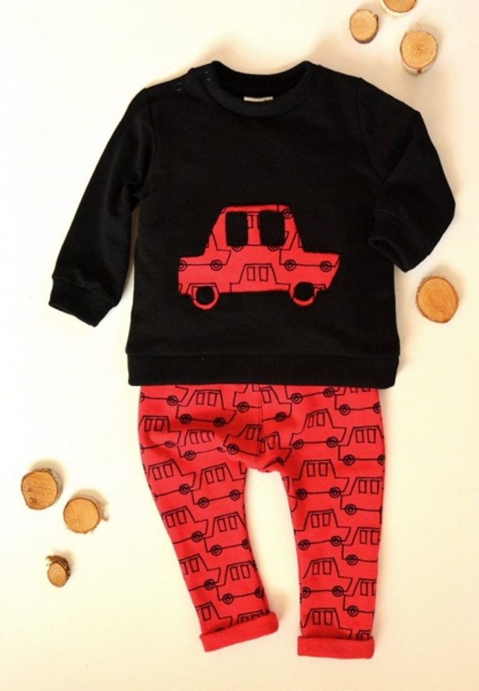 K-Baby Sada triko/mikinka + tepláčky Auto - černá/červená, vel. 74 - 74 (6-9m)