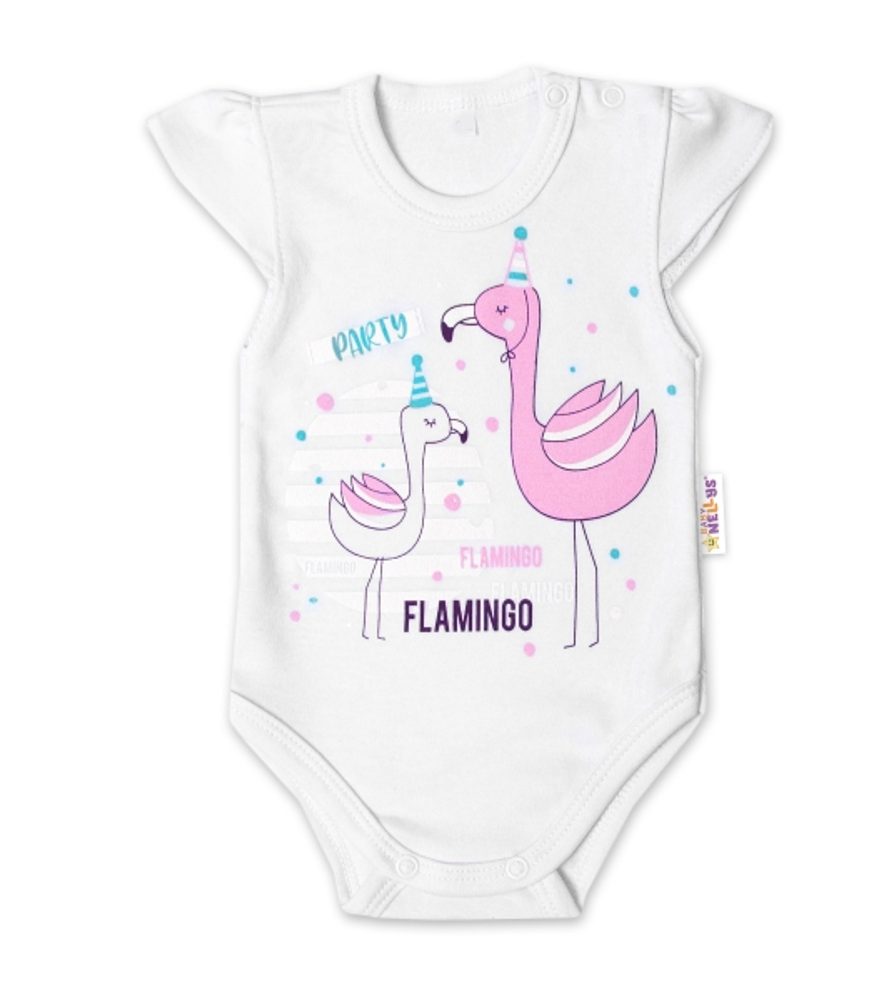 Baby Nellys Bavlněné kojenecké body, kr. rukáv, Flamingo - bílé - 68 (3-6m)