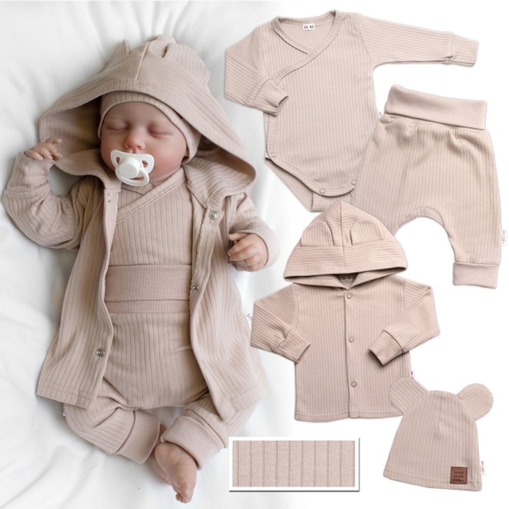 Baby Nellys Žebrovaná rostoucí souprava 4D, zavin. body, kalhoty, kabátek a čepička, béžová - 62-68 (3-6m)