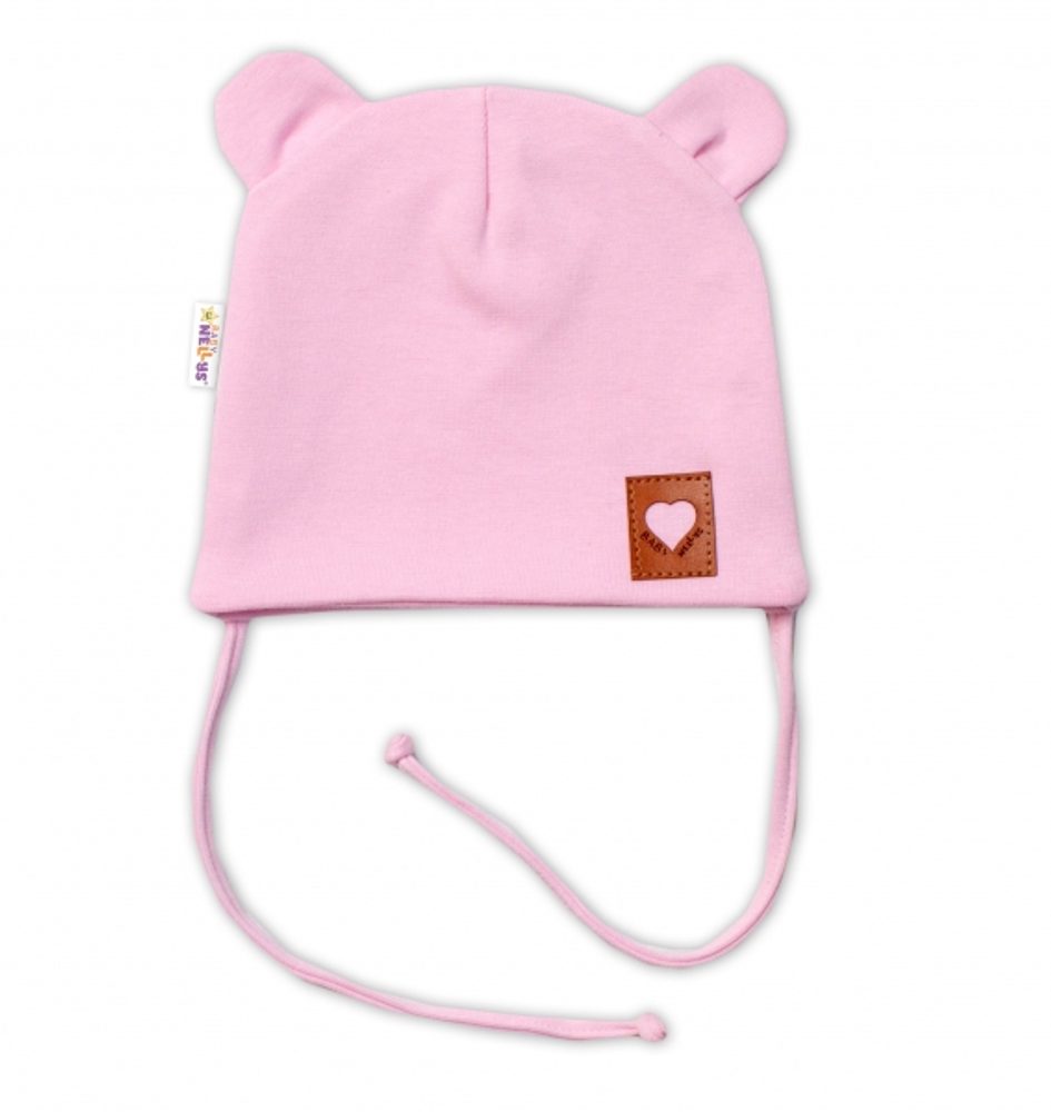 Baby Nellys Bavlněná dvouvrstvá čepice s oušky na zavazování TEDDY - růžová, Baby Nellys - 56-62 (0-3m)